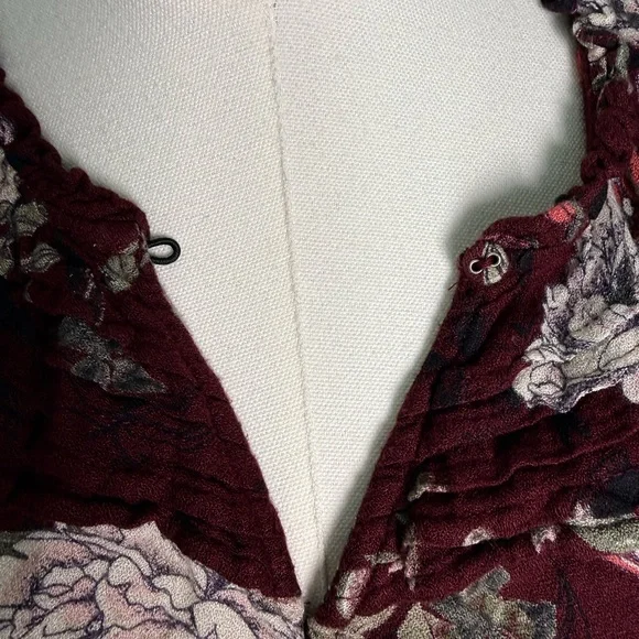 American Rag Burgundy Floral Long Sleeve Smocked Waist Mini Dress Peasant Boho - Picture 4 of 11